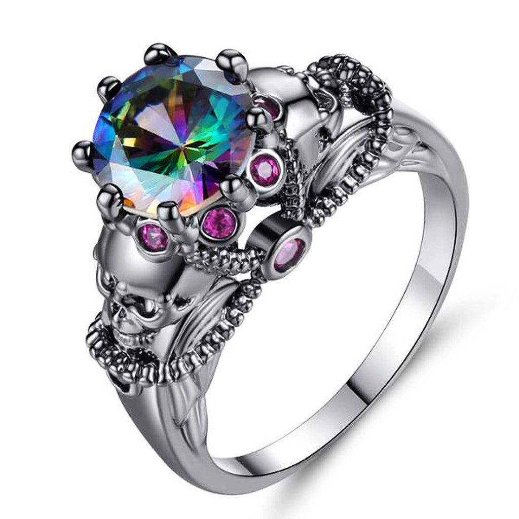 Austrian Colorful CZ Crystal Black Gun Skull Ring